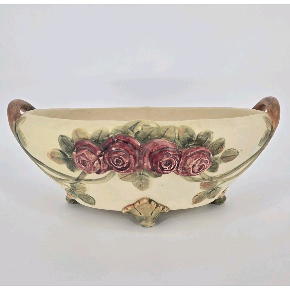 Antique Weller Roma Rose Pottery Oval Console Bowl Planter Applied Roses 11in OH - Picture 3 of 11